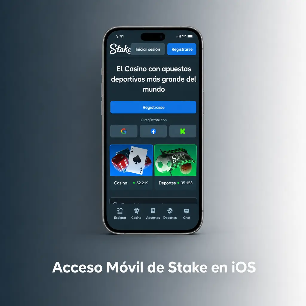 Acceso móvil de Stake en iOS: uso de la plataforma vía navegador en iPhone y iPad, sin app nativa en App Store.