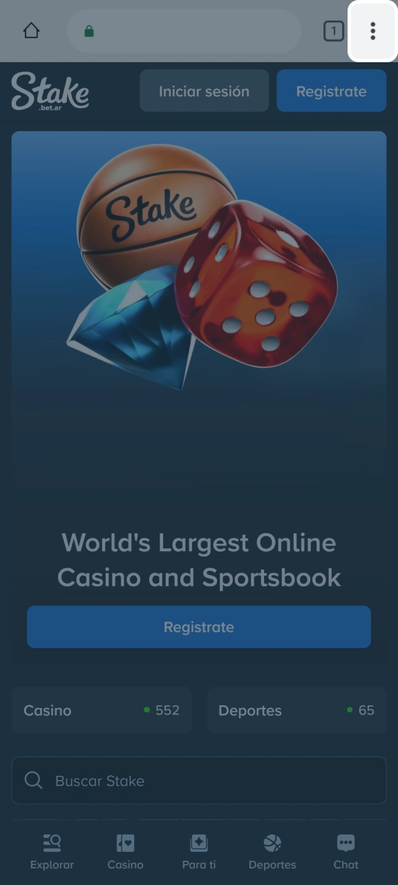 Abre el menú para añadir Stake a la pantalla de inicio de tu Android.