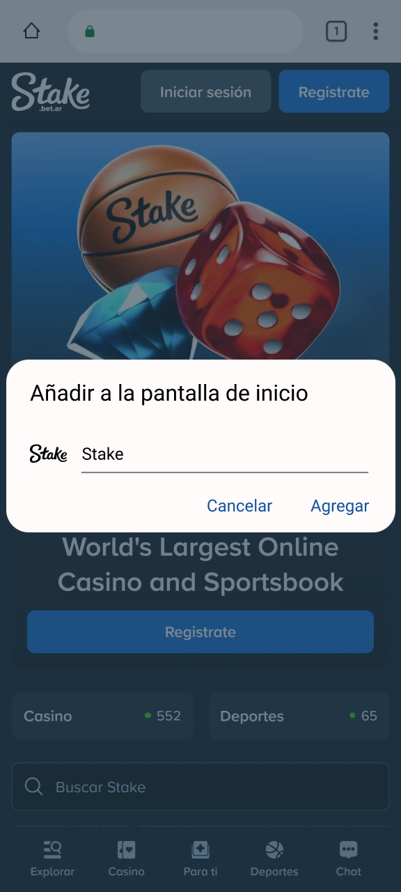 Confirma que deseas añadir un acceso directo a Stake en tu pantalla de inicio.