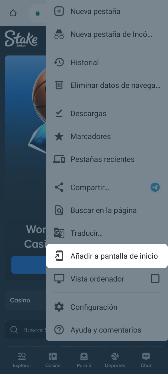 Selecciona la opción Añadir a la pantalla de inicio para la versión móvil de Stake.