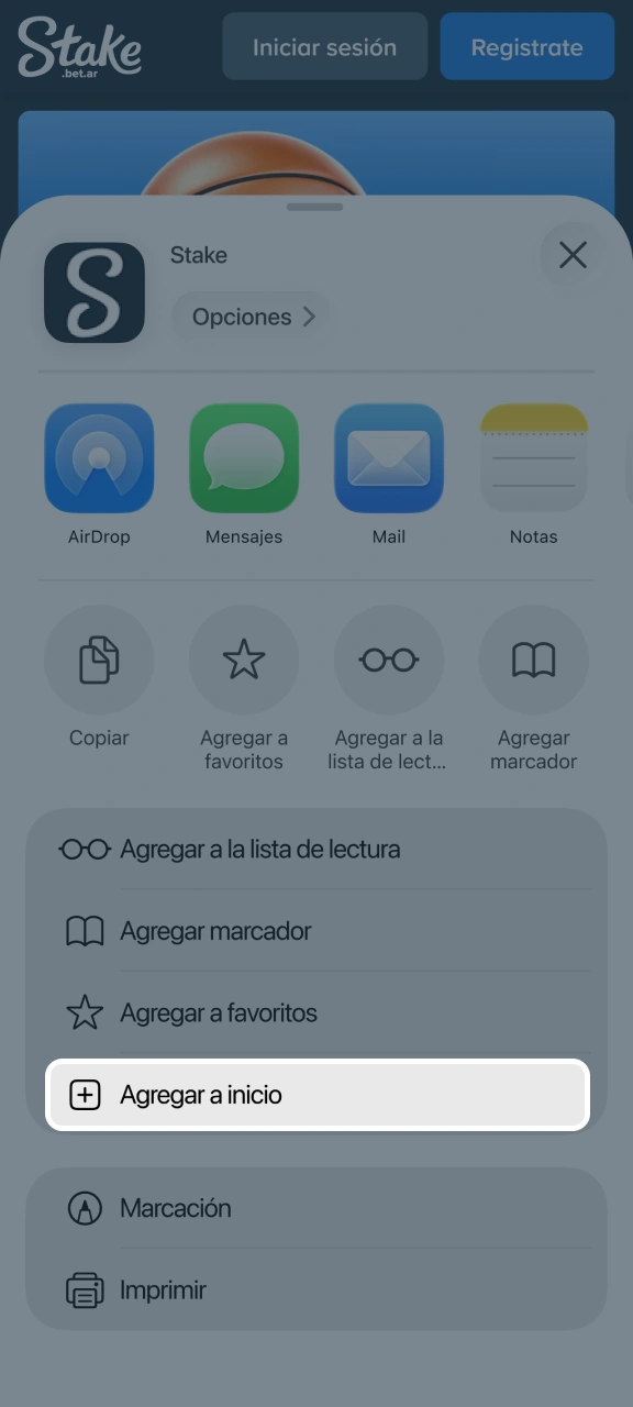 Selecciona la opción Agregar a la pantalla de inicio para obtener Stake.