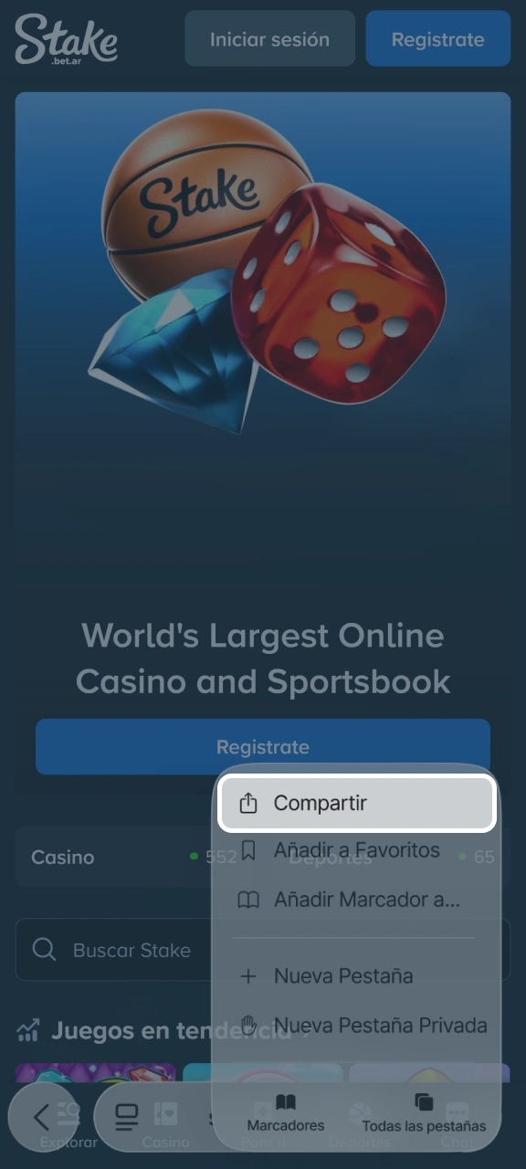 Haz clic en Compartir para abrir el menú y añadir un acceso directo a Stake.