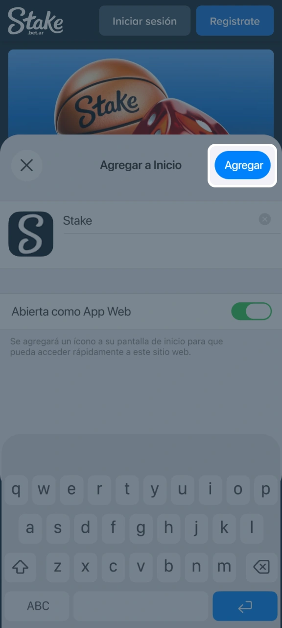 Confirma el acceso directo en el menú y añade Stake a la pantalla de inicio.
