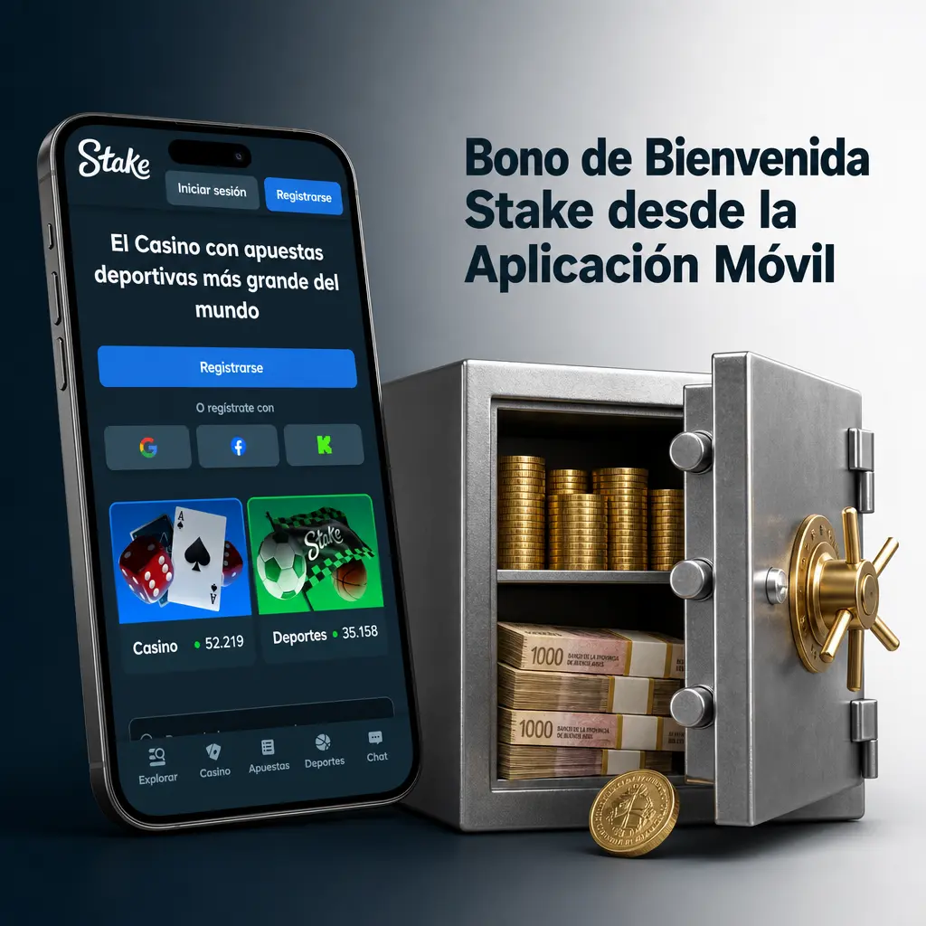 Bono de bienvenida de Stake disponible desde app móvil instalable, con mismas condiciones VIP y Rakeback que en escritorio.
