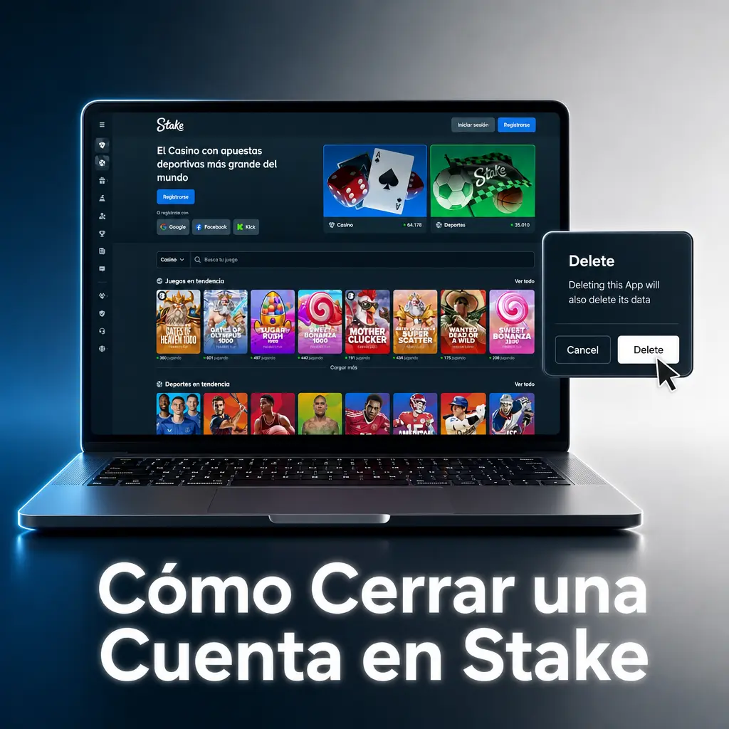 Panel de configuración de Stake mostrando opciones de juego responsable para cerrar cuenta o solicitar autoexclusión