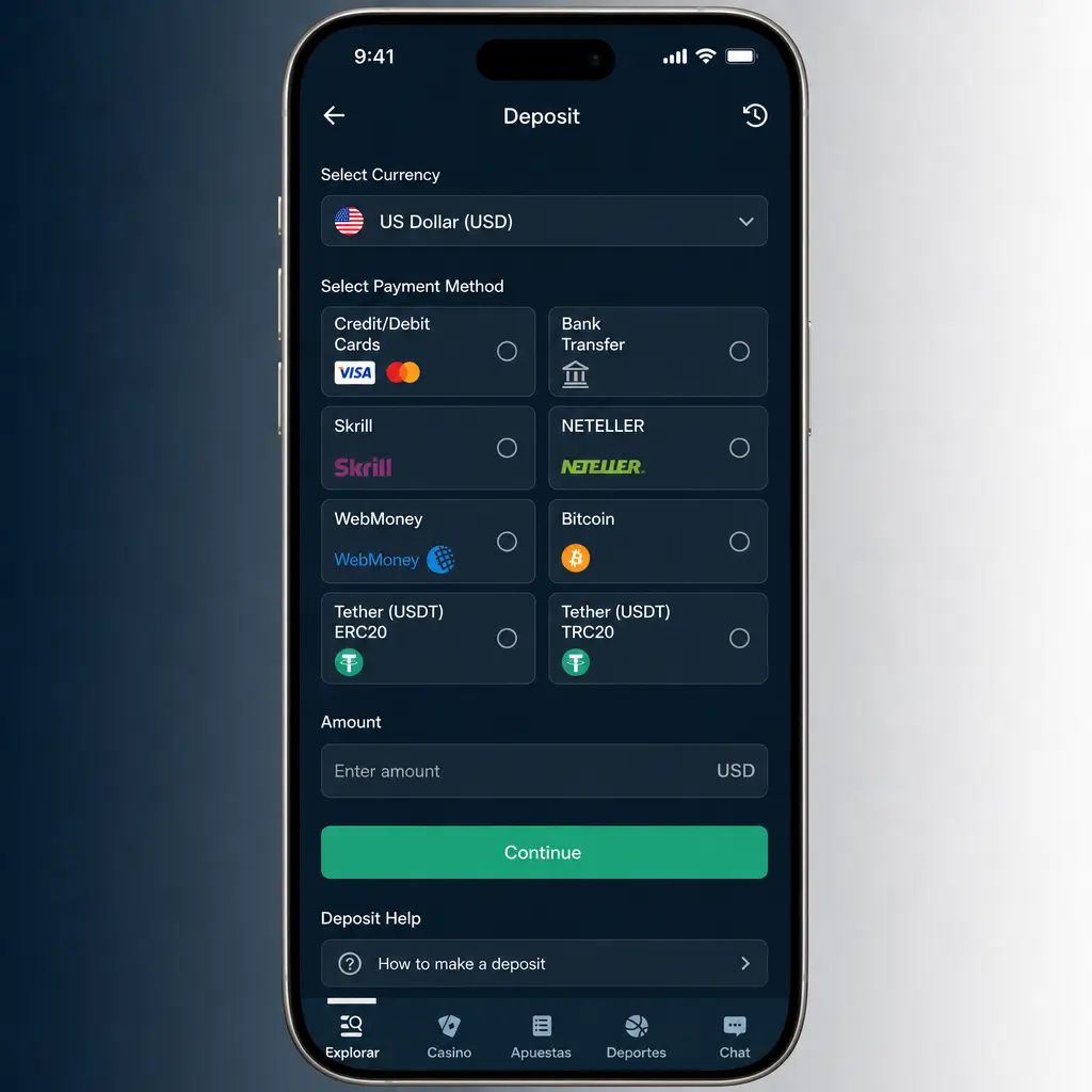 Pasos para depositar dinero en Stake desde la sección Cashier, eligiendo el método de pago y confirmando la transacción.
