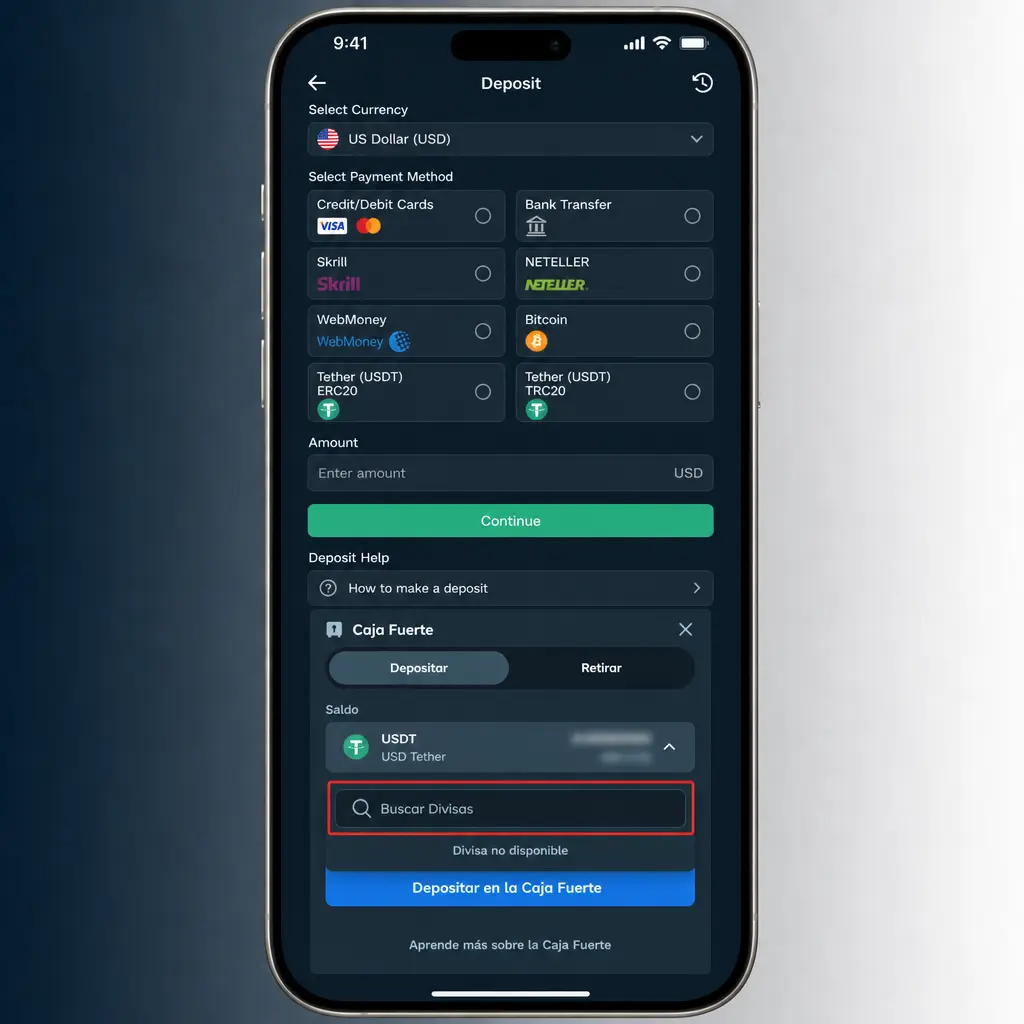 Pasos para depositar dinero en Stake desde la sección Cashier, eligiendo método de pago y confirmando la transacción.