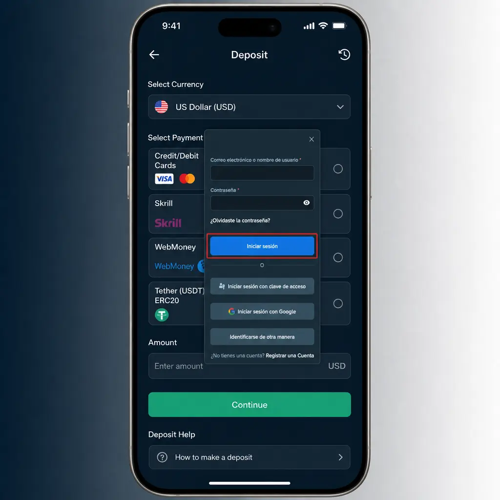 Pasos para depositar dinero en Stake desde la sección Cashier, eligiendo método de pago y confirmando la transacción.