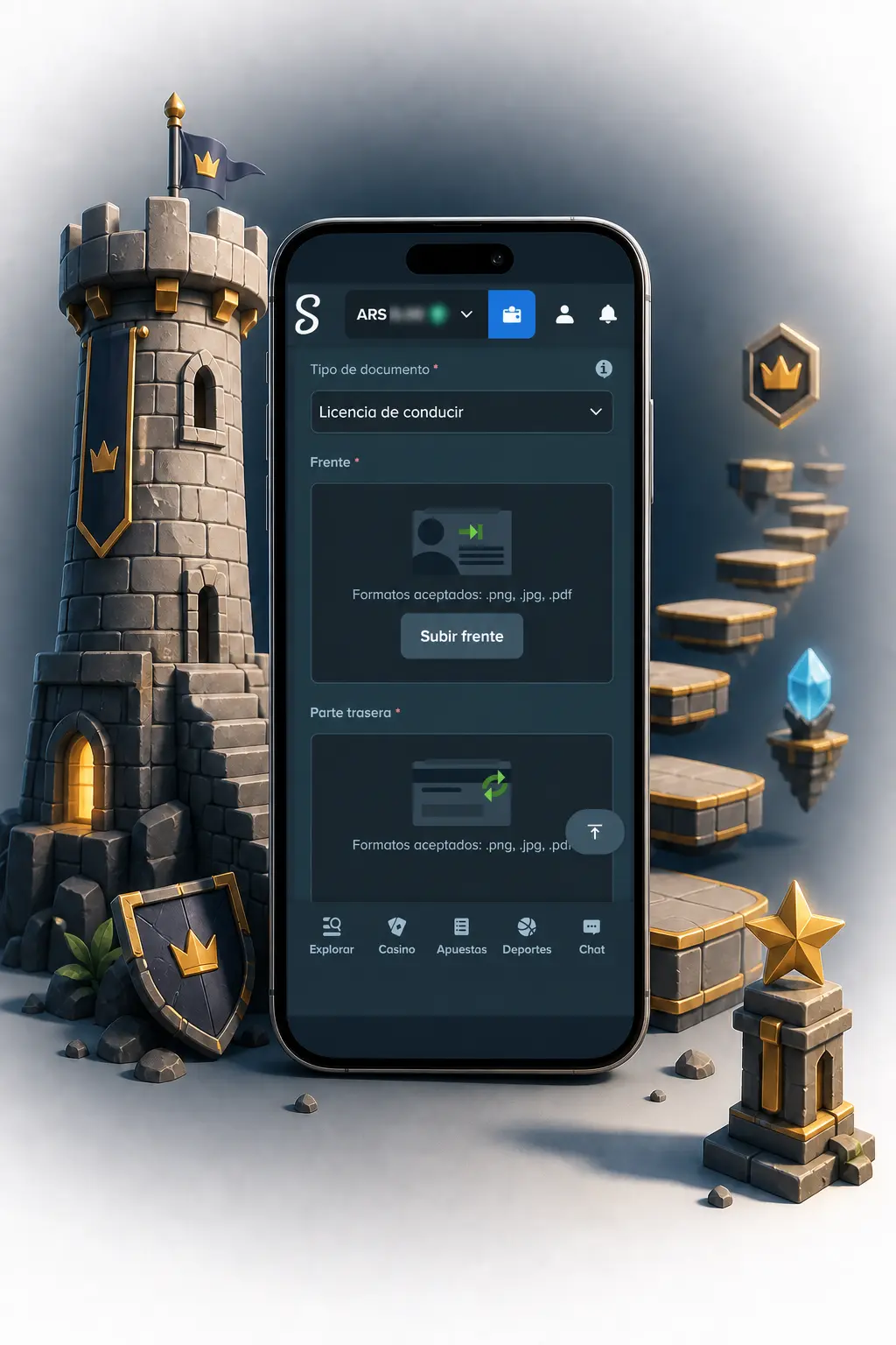 Pasos para registrarte en Stake y jugar a Tower Rush: completá correo, moneda y contraseña en la app.
