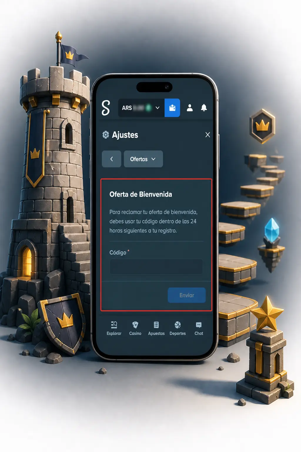 Pasos para registrarte en Stake y jugar a Tower Rush: creá tu cuenta, cargá saldo y buscá el juego en el catálogo.