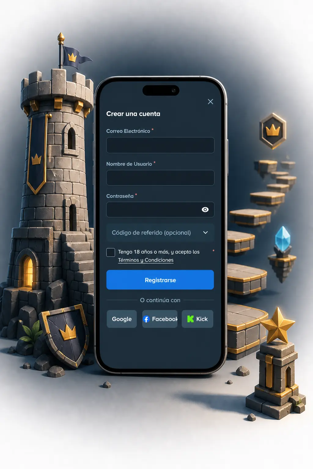 Pasos para registrarte en Stake y jugar a Tower Rush, con captura del formulario de registro en un smartphone.