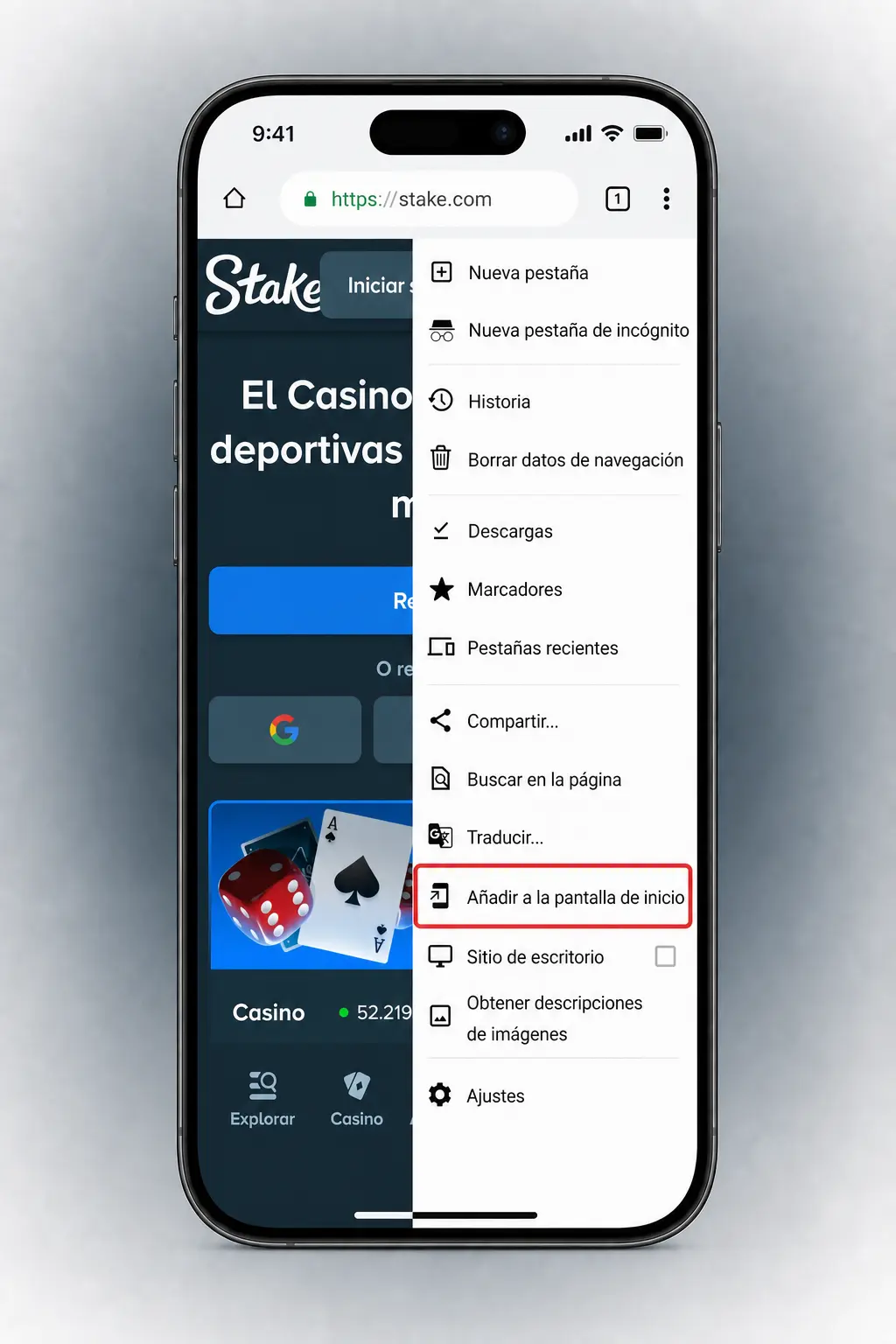 Pasos para iniciar sesión en la app móvil de Stake en dispositivos Android e iOS mediante navegador o instalación directa