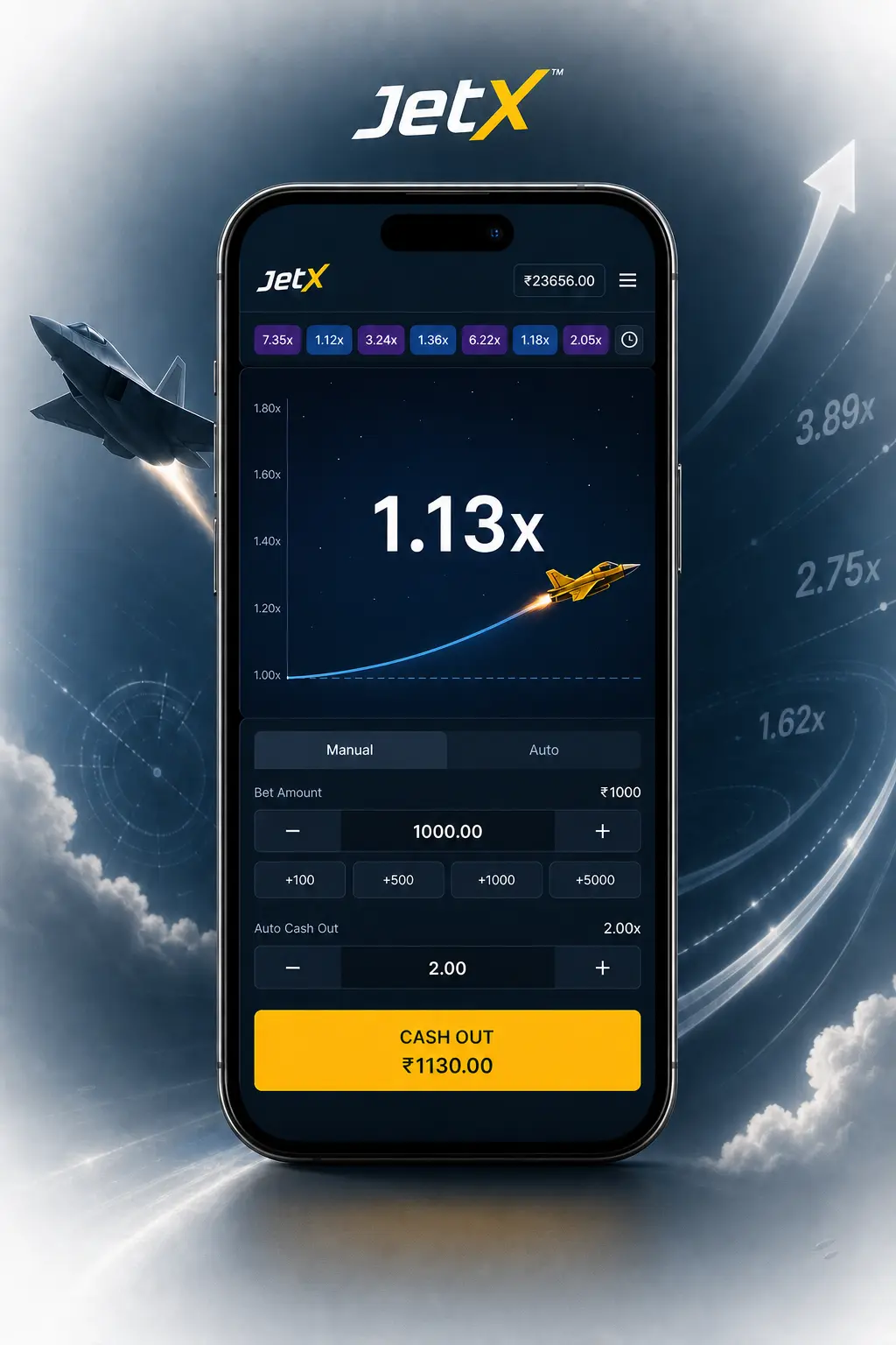Pantalla de Stake mostrando cómo jugar a JetX: apuesta previa, vuelo del avión y botón de Cash Out.