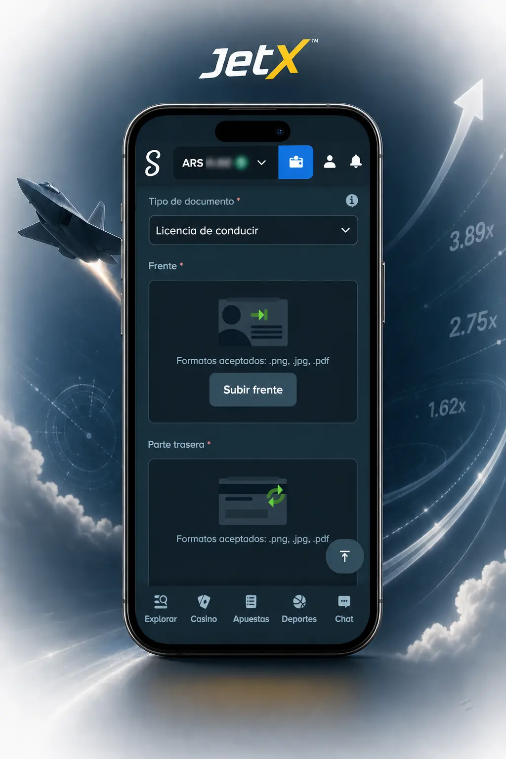 Panel de configuración de apuesta previa a la ronda en JetX, mostrado en la pantalla de un smartphone en Stake.