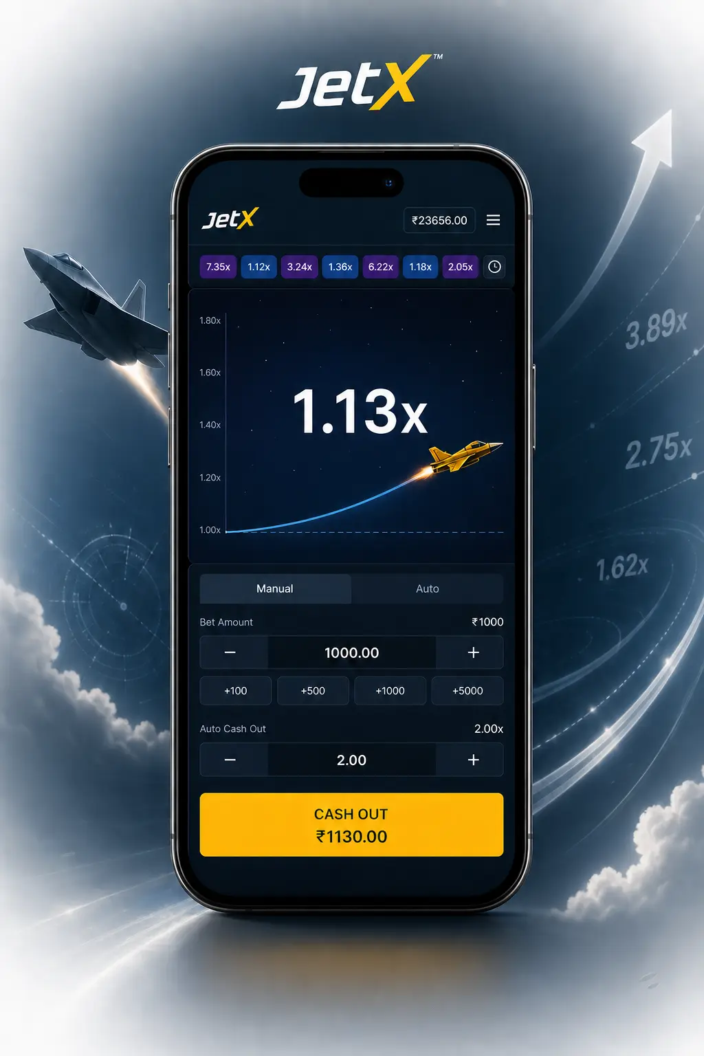 Pantalla de smartphone mostrando el multiplicador en aumento y el botón de Cash Out durante una ronda activa de JetX en Stake.