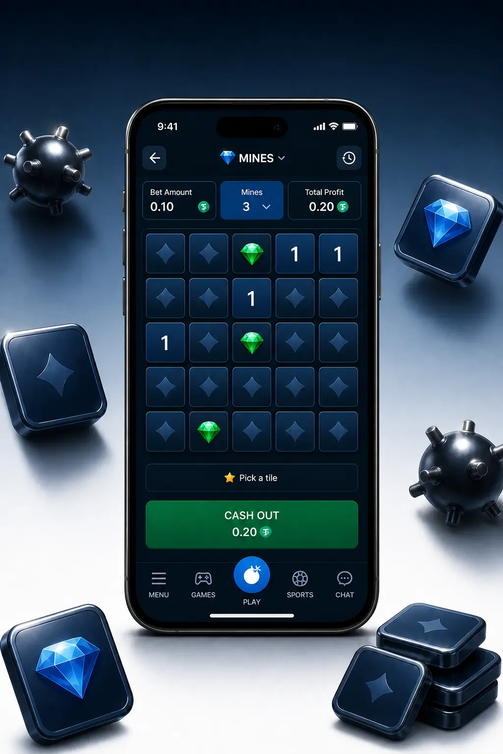 Captura de pantalla mostrando cómo jugar a Mines en Stake paso a paso desde un smartphone
