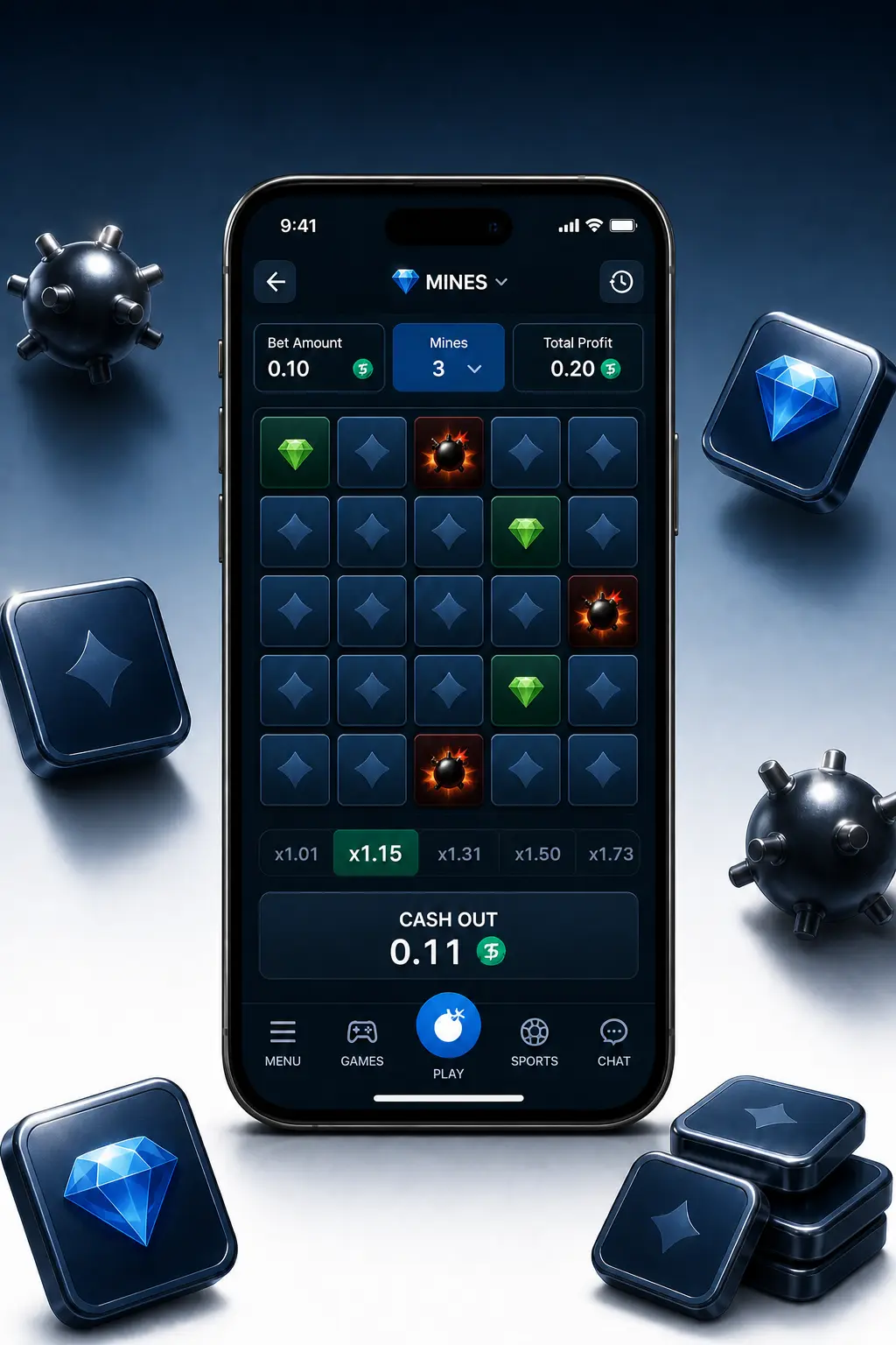 Captura de pantalla mostrando el paso a paso para jugar a Mines en Stake, con la grilla y el multiplicador acumulado.