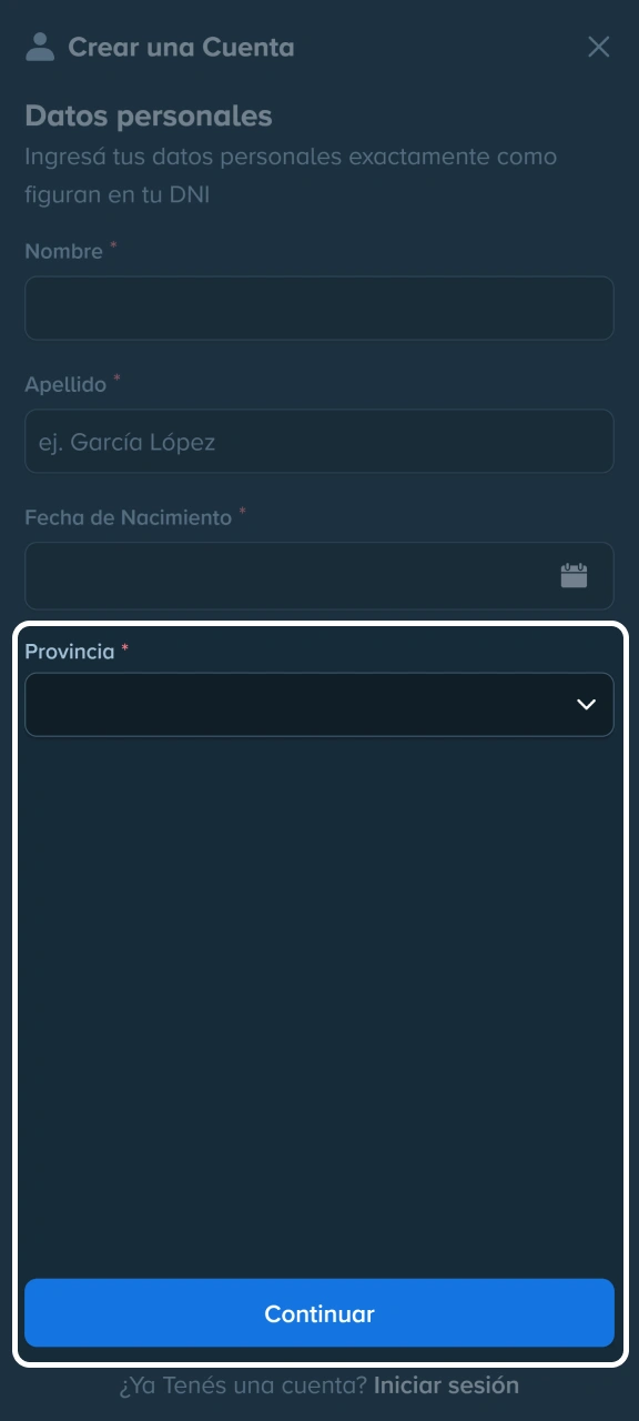 Introduce tu provincia y continúa con el registro en Stake.