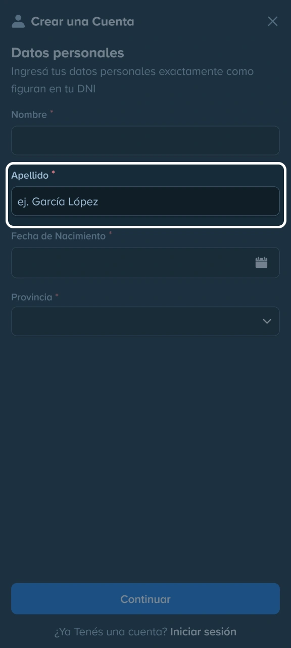 Añade tu apellido al campo en Stake.
