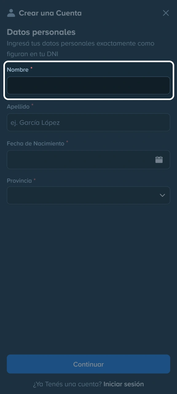 Primero, introduce tu nombre en el formulario de registro de Stake.