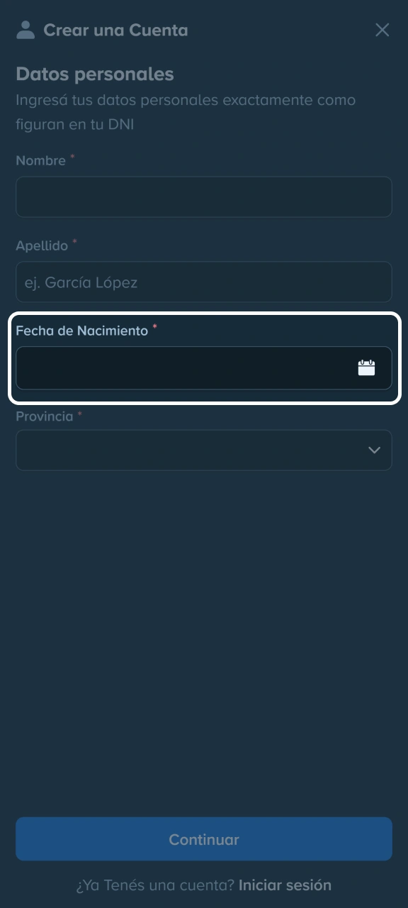 Selecciona la fecha de nacimiento en el sitio web de Stake.