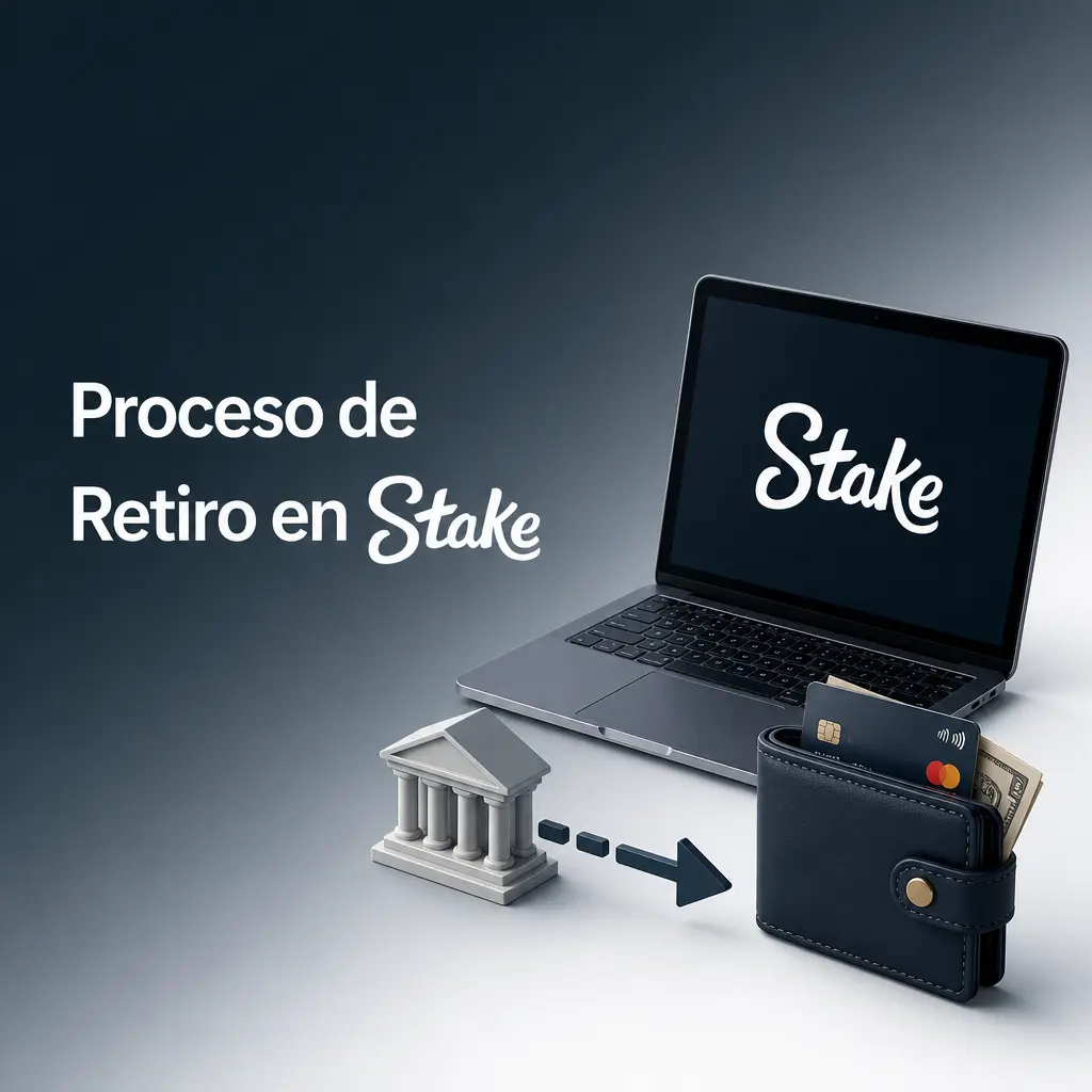 Proceso de retiro en Stake: verificación de cuenta, acceso oficial, selección de método y confirmación del monto a retirar.