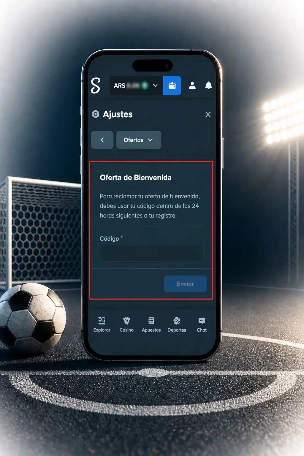 Pantalla de celular mostrando el paso 4 del registro en Stake para habilitar la cuenta y jugar Penalty Shoot Out