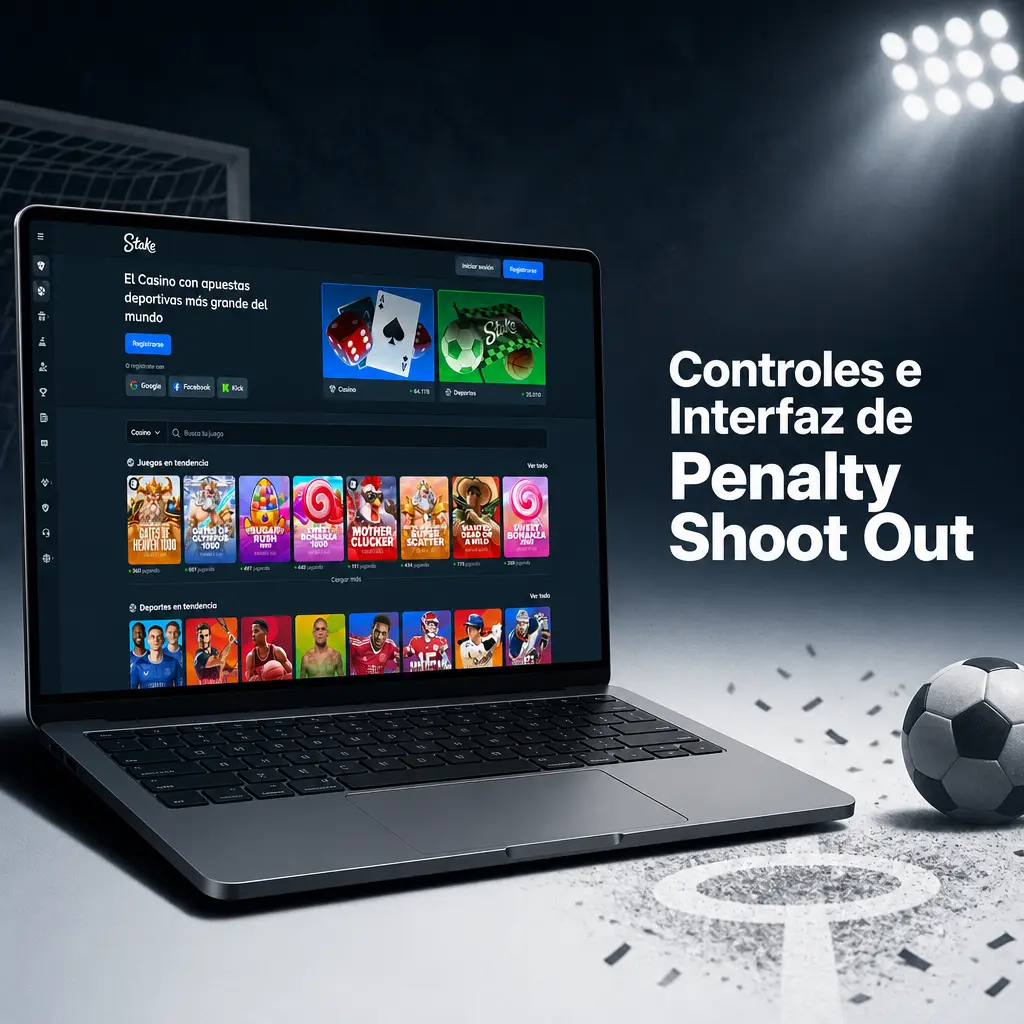Interfaz de Penalty Shoot Out con controles de apuesta, selección de tiro, multiplicador y balance de la cuenta.