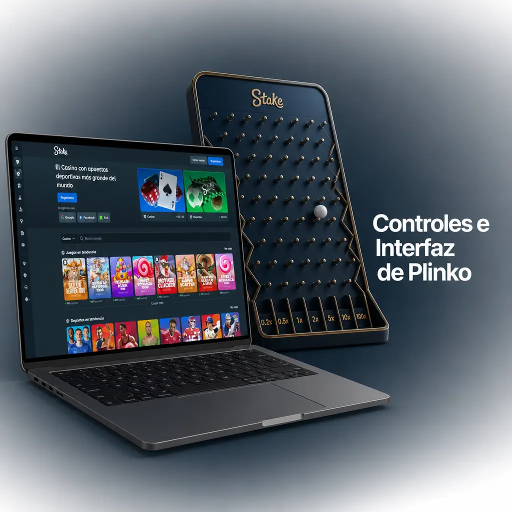 Controles e interfaz de Plinko en Stake: apuesta, filas, riesgo, tablero, pagos, auto bet y saldo disponible.