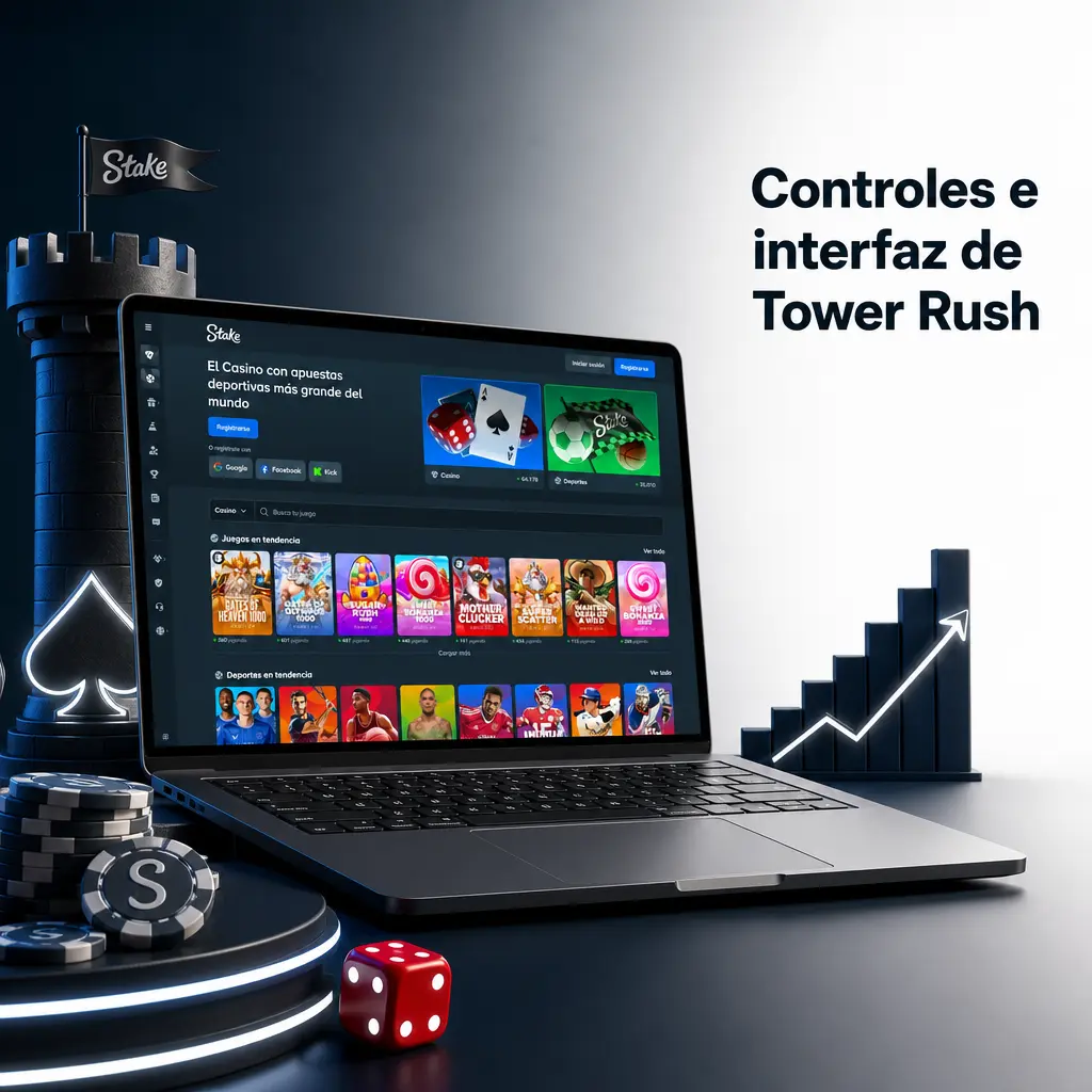 Interfaz de Tower Rush con apuesta, selector de riesgo, torre, pago potencial, botón de retiro y saldo de cuenta.