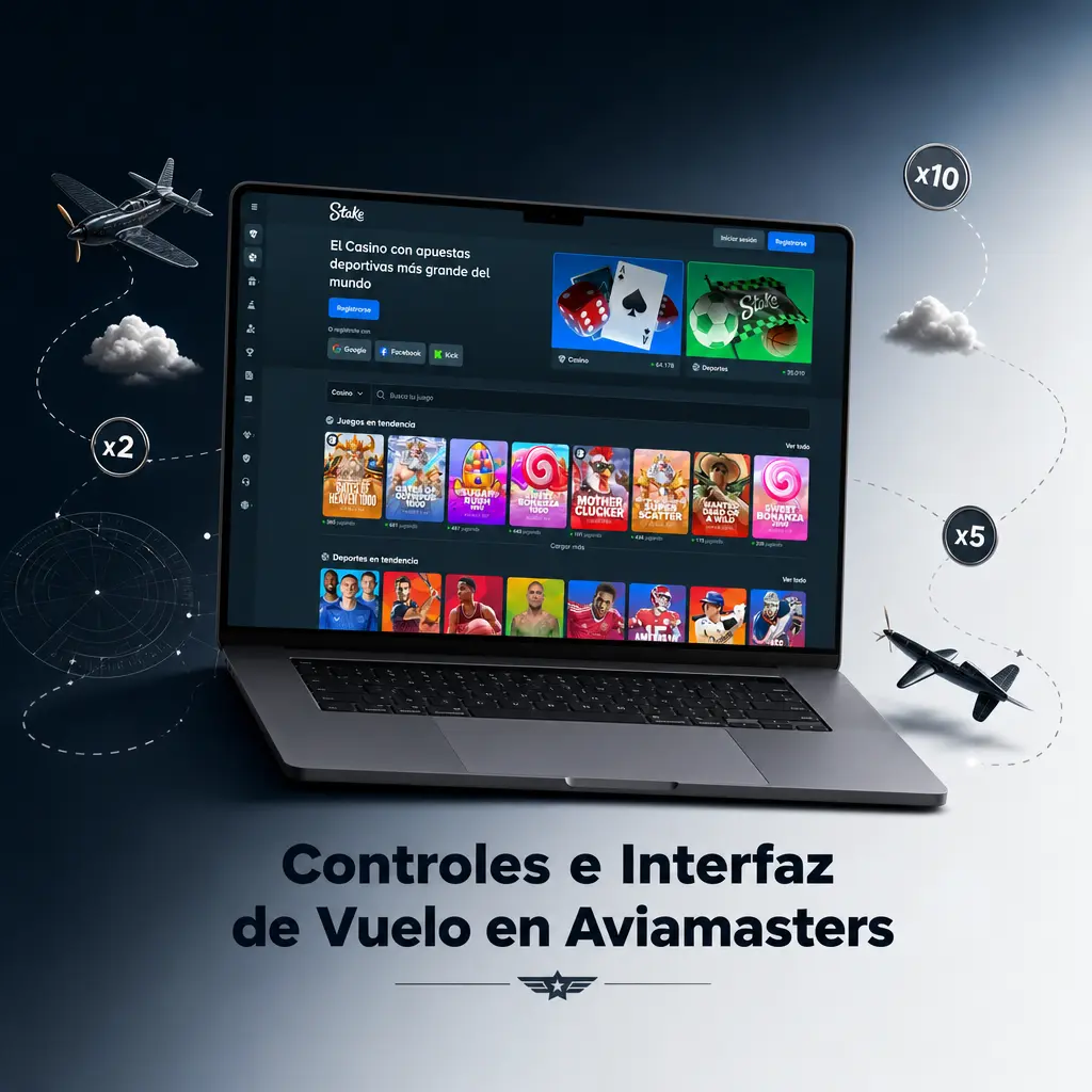 Interfaz de Aviamasters con apuesta, selector de riesgo, multiplicador en vuelo y pantalla de resultado final.